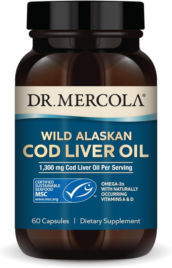 Dr. Mercola Cod Maksaõli, 1300 mg per Serving, 30 Servings (60 kapslit), toidulisand, toetab aju, luu ja liigeste tervist, mitte-GMO, MSC sertifitseeritud