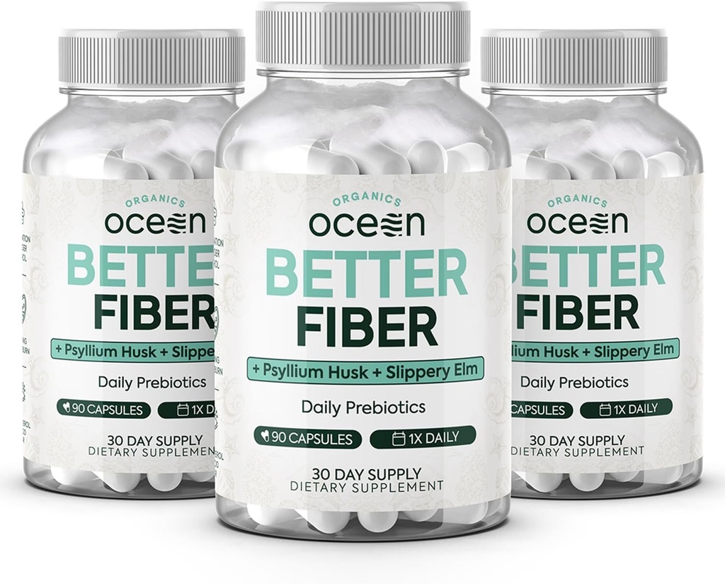 Orgaanika Ocean Better Fiber - Daily Fiber Supplement - Soft Stool for Effortless Bowel Movements - koos Psyllium Hulk ja Libe Elm - 3 pudelit