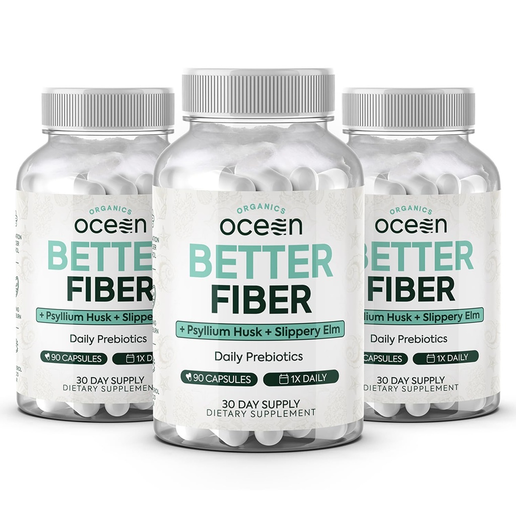 Orgaanika Ocean Better Fiber - Daily Fiber Supplement - Soft Stool for Effortless Bowel Movements - koos Psyllium Hulk ja Libe Elm - 3 pudelit
