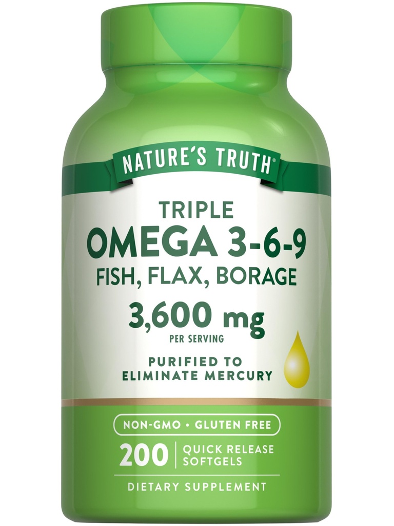 Nature's Truth Triple Omega 3 6 9 | 3600mg | 200 Softgels | Kala, Lina ja Borage Oils | Non-GMO & Gluteeni tasuta toidulisand
