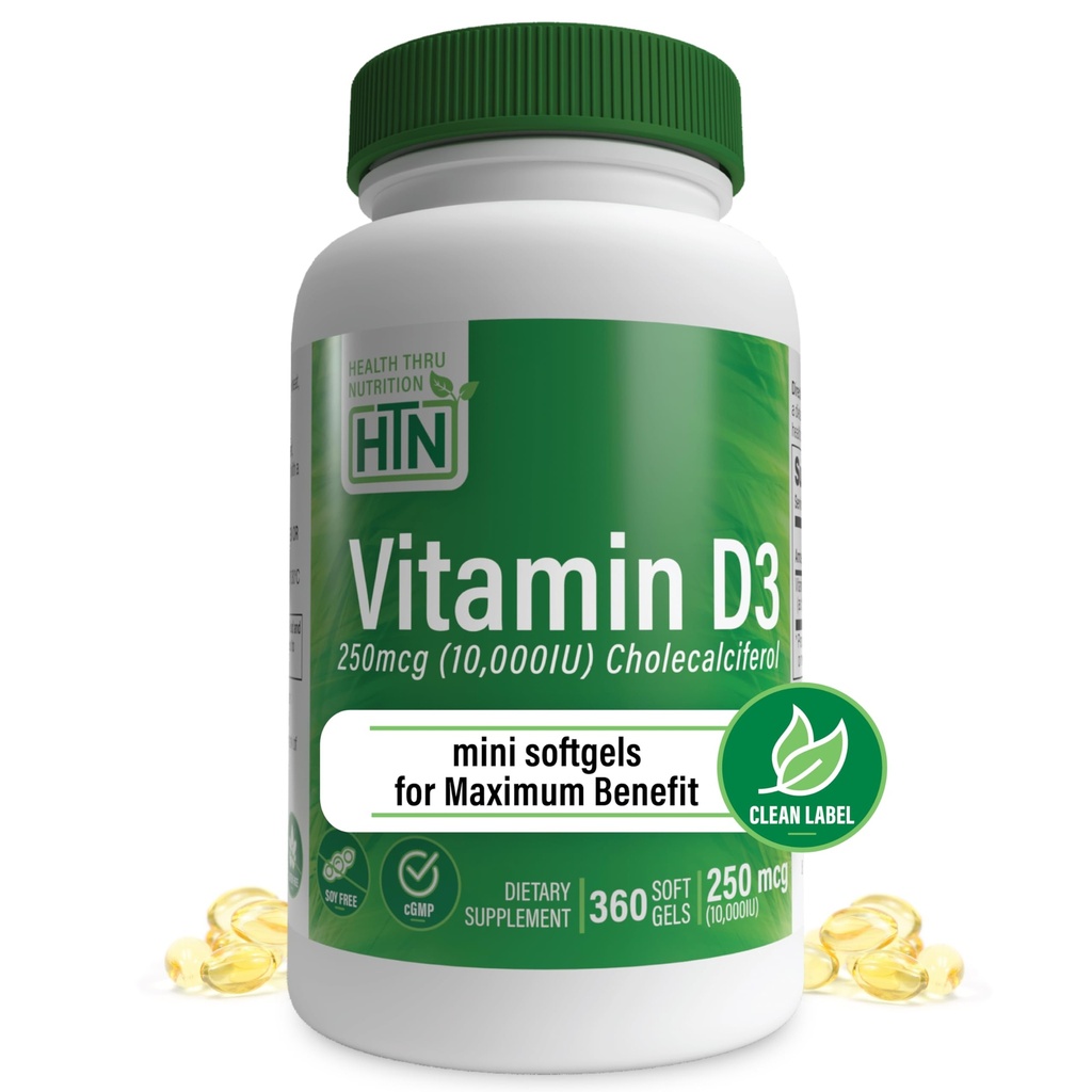 Tervis Thru Toitumine Vitamiin D3 10 000iu 360 Mini Softgels maksimaalse kasu aasta pakkumine | 250mcg Kolekaltsiferool | 3. osapoole testitud | Mitte-GMO USP Grade in Organic EVOO | Immun Health Support