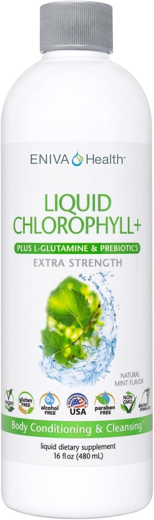 Eniva Health Liquid Chlorophyll Super Greens | 24K MG prebiootikumi ja L-Glutamiiniga | Mint Flavor | Nahk, immuunsus, energia, detox, soolestiku tervis | Vegan, Gluteen ja alkoholivaba | 48 Servings | USA Made