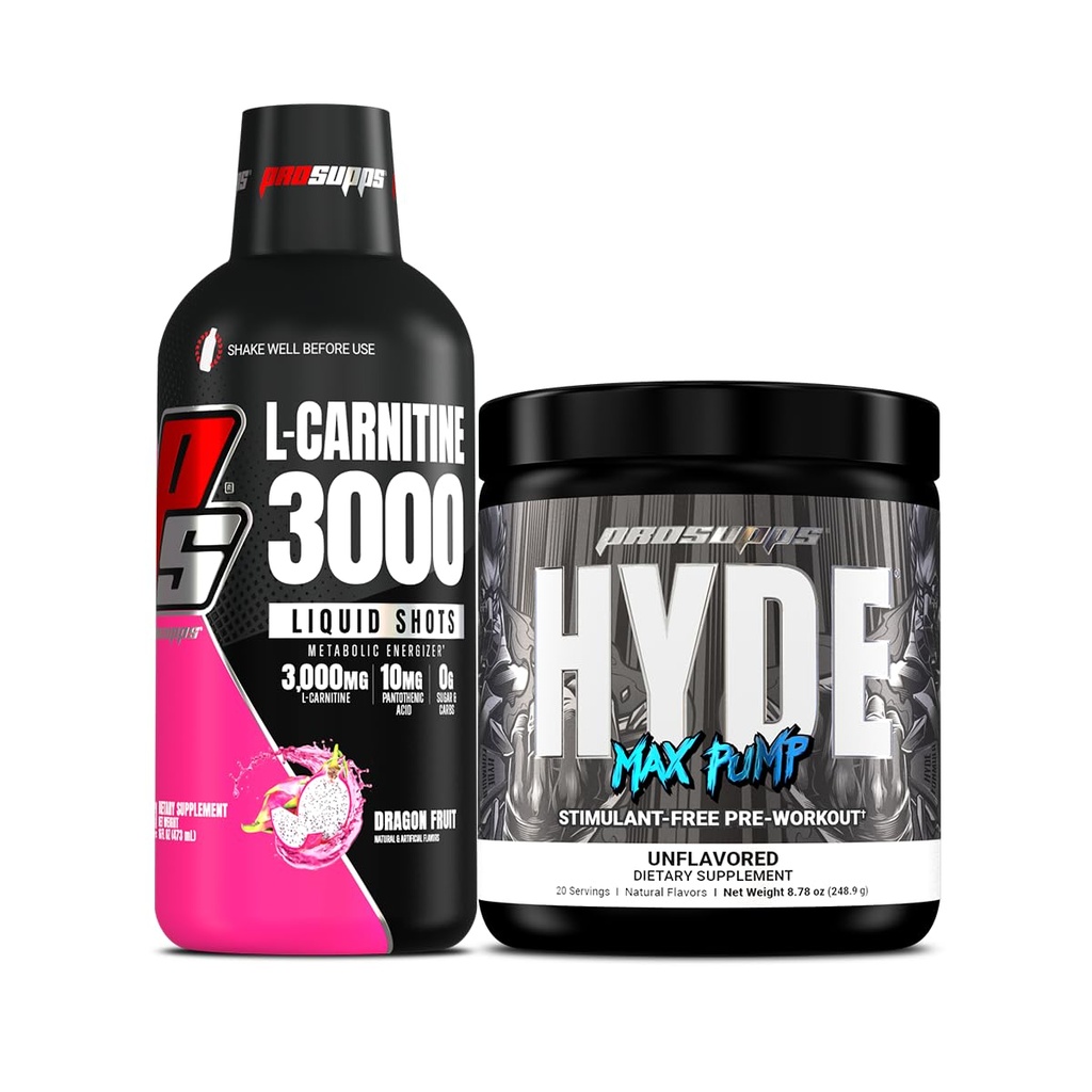 PROSUPPS L-karnitiin 3000 stimuleerivat tasuta vedelikku (31 serveerimist, lohepuuvilja) ja Hyde Max Pump Pre Workout meestele ja naistele (20 serveerimist, maitsestamata)