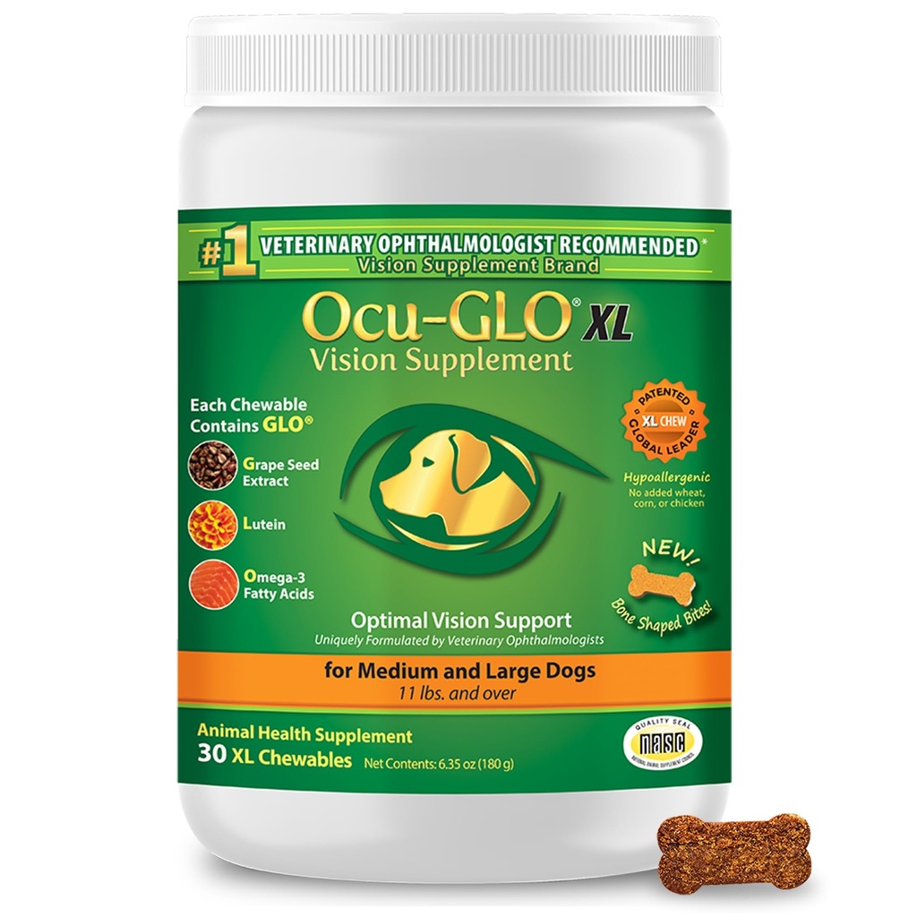 Ocu-GLO kass ja koer silmade toetamiseks - närimistable nägemise täiendamine suurte ja väikeste lemmikloomade hooldamiseks luteiini, oomega-3 rasvhapete, viinamarjaseemnete ekstrakti ja antioksüdantidega 30 XL närimistabletid