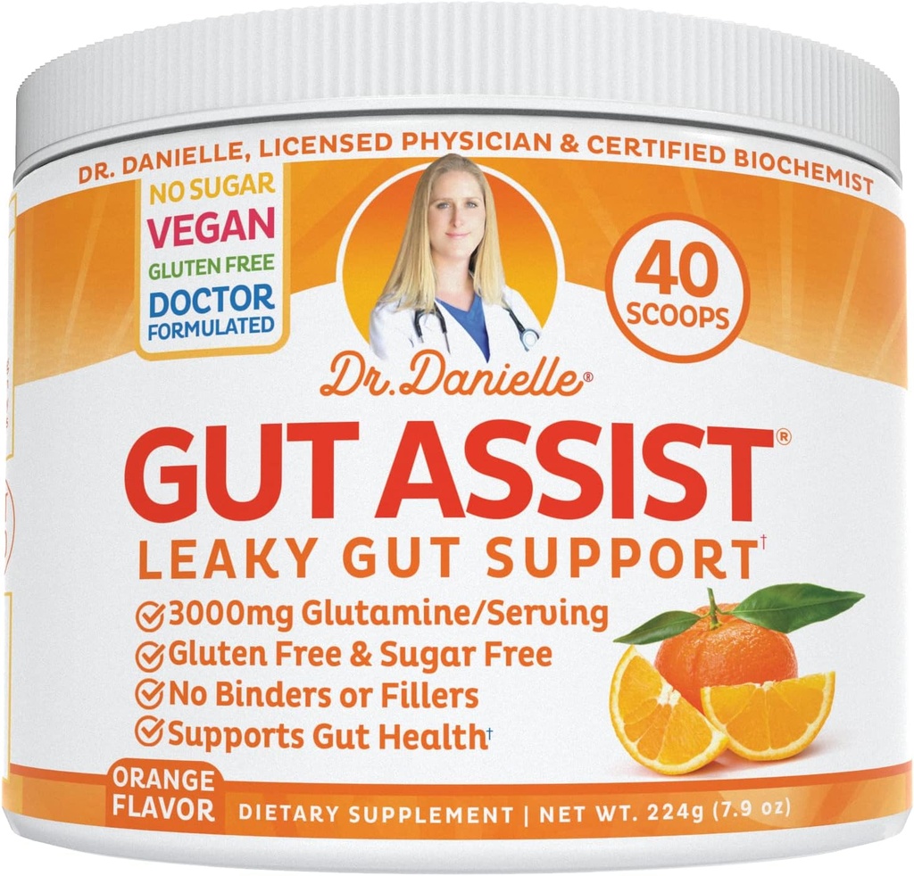 Arst Danielle Gut Assist - Leaky Gut Repair Supplement Pulber - Glutamiin, Arabinogalactan, Lagrice Root - Toetab IBS, kõrvetised, Bloating, gaas, kõhukinnisus, SIBO alates, Orange Maitse