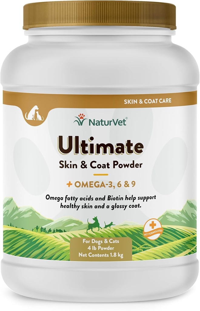 NaturVet Ultimate Skin & Coat Powder Lemmiklooma Täiendus koertele ja kassidele - Sisaldab Omegas 3, 6, 9, Biotiin, Vitamiinid - Tervislike Koerte Coats, Kassi nahk - Maitsev Toidu Topper lemmikloomadele - 4 naela.
