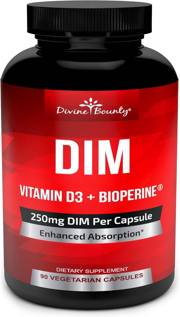 DIM-i täiendus 250 mg D3-vitamiini pluss bioperiin - diindoüülmetaan Menopaus & östrogeeni tugi, hormoonide tasakaalu toetus naistele ja meestele - 90 taimetoitlast kapslit