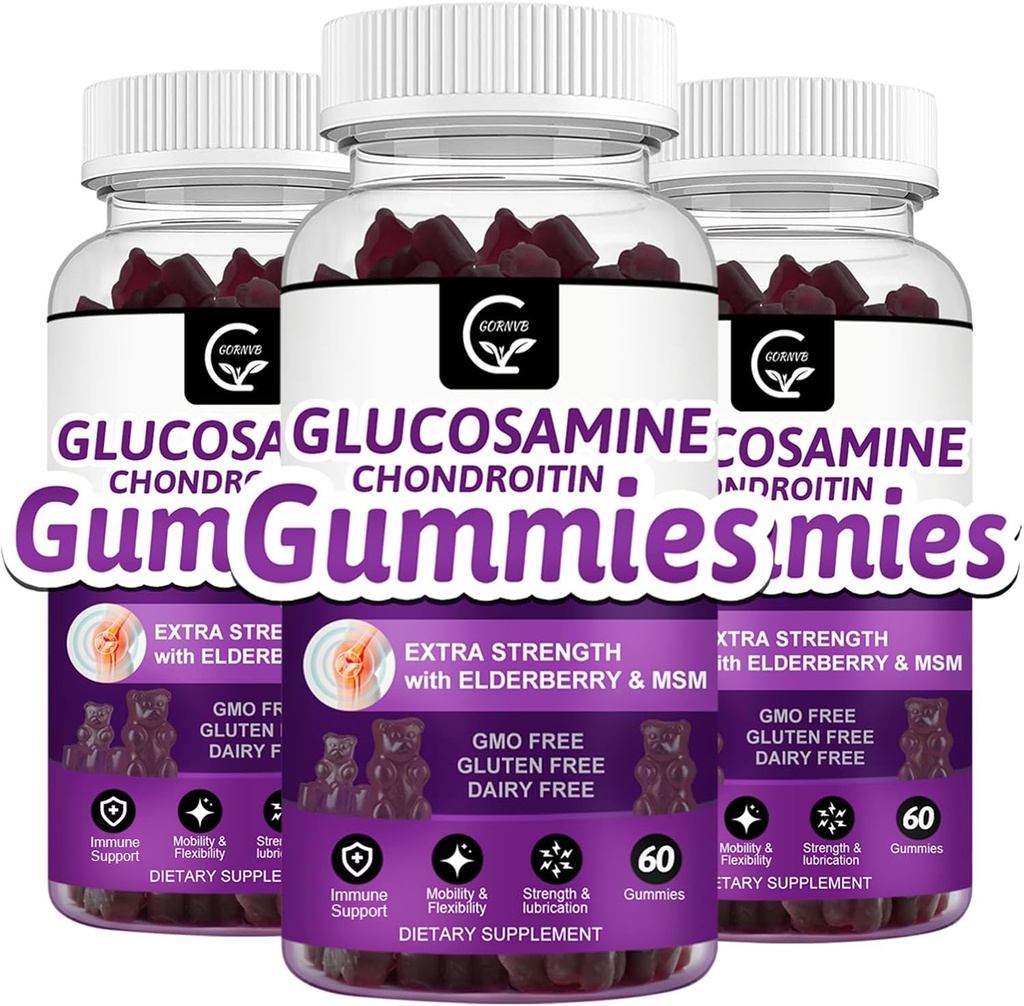 Glükoosamiin Chondroitin Gummies koos MSM & Elderberry - ekstra tugevuse liikuvuse ja paindlikkuse toetus, antioksüdantide immuunlisa täiskasvanutele, meestele ja naistele - 60 kondroitiin Gummies (3 pakendit)