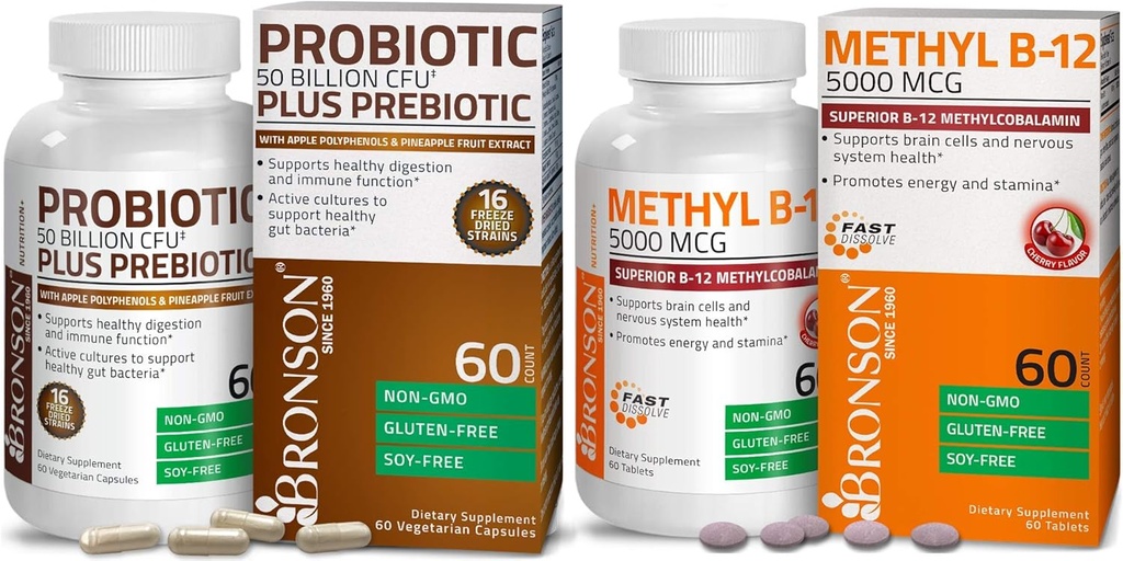 Bronson Probiootikum 50 miljardit CFU + prebiootikum koos Apple Polyphenols & Ananass Fruit Extract + Metüül B12 5000 mcg Vitamiin B12 Metüülkobalamiin