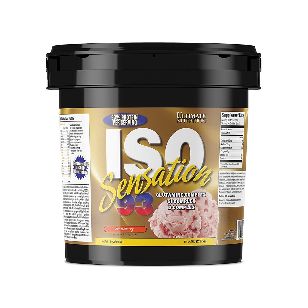 Ultimate Nutrition Iso Sensation 93 koos glutamiiniga, vadakuvalgu isolaatpulber, 30 grammi valku, madala süsivesikusisaldusega valku raputab, Keto sõbralik, 5 naela, maasikamaitseline