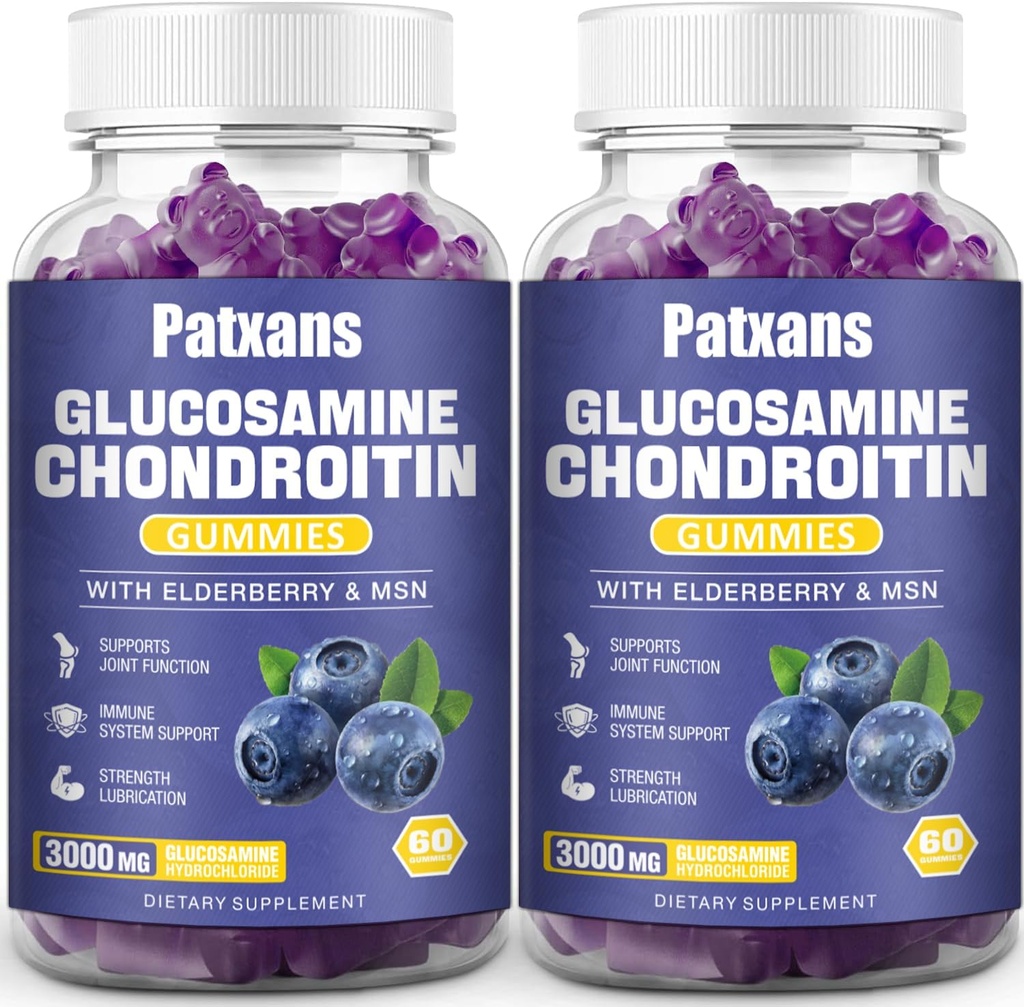 2 Pakendid 3000MG Glükosamiin Kondroitiin Gummies - ekstra tugev ühine tervis ja MSM Elderberry Natural Joint Support Supplement, paindlikkus, antioksüdant immuuntoetus täiskasvanutele, 120 Gummies.