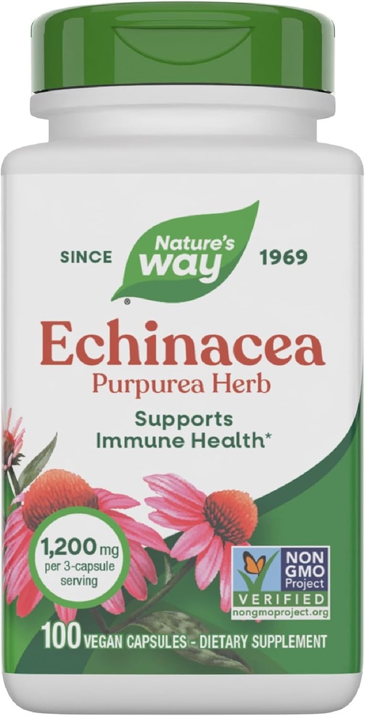 Nature's Way Echinacea Purpurea Herb, Immune Support Supplement *, 1200 mg 3-kapsli serveerimise kohta, Non-GMO Project Verified, Vegan, 100 kapslit (pakendamine võib varieeruda)
