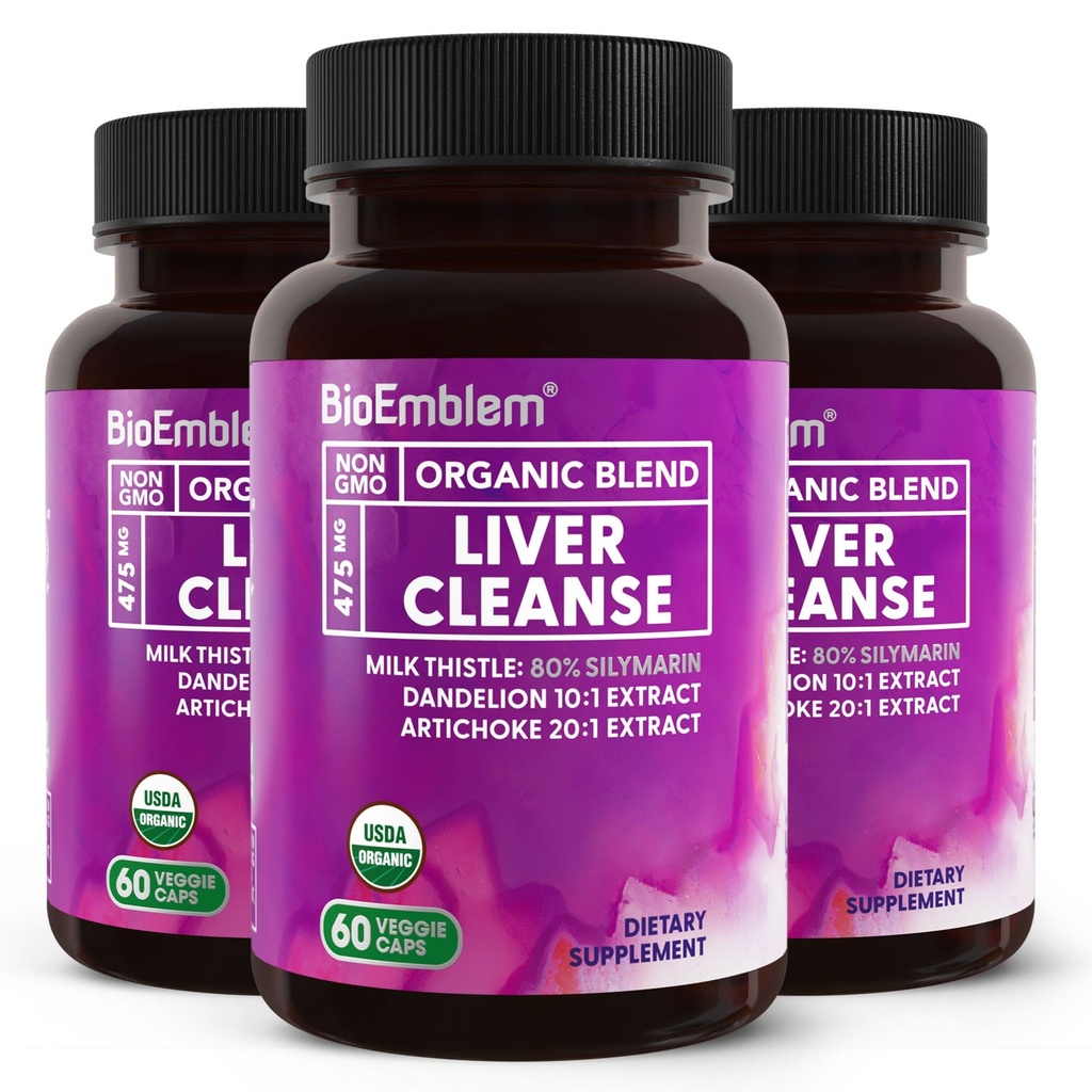 BioEmblem USDA Organic Liver Cleanse - 80% Silymarin Milk Thistle Extract for Liver Health and Liver Function with Dandelion & Artichoke Extracts - 100% Vegan, Non-GMO - Herbal Liver - 180 Capsules