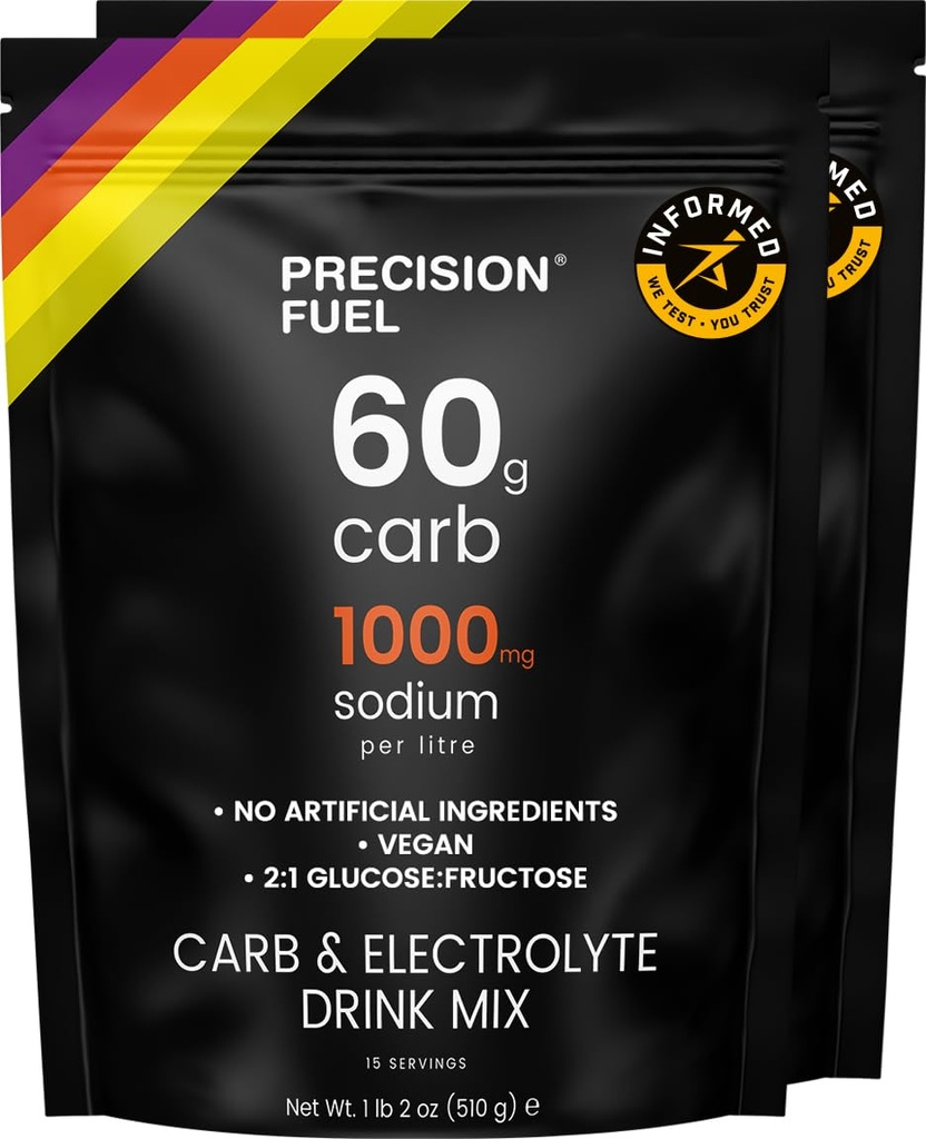 Precision Fuel PF60 Carb & Electrolyte Drink Mix Powder for Hydration & Energy - Endurance Sports Nutrition, Vegan, Hypotonic - 60g Carb, 1000mg Sodium per Litre - Mild Citrus Flavor, 2-Pack