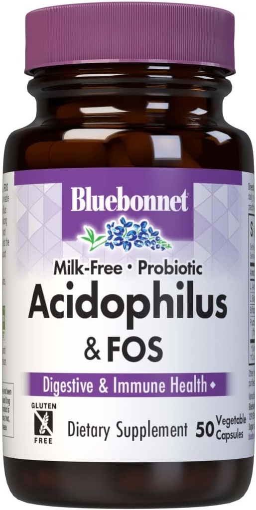 Bluebonnet Toitumine Piimavaba probiootiline Acidophilus & FOS, Seedetrakti Tervis *, Immuunsus Tervis *, Gluteenivaba, Sojavaba, Piimavaba, 50 Taimset Kapslit, 50 Servingut