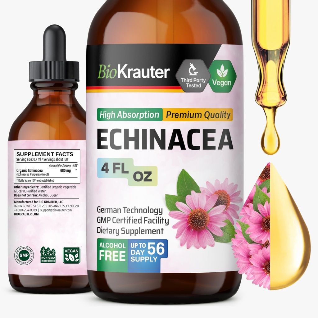 BIO KRAUTER Echinacea tilgad - looduslik immuunsuse tugi - Echinacea tinktuuri lisand - Vegan, alkohol ja suhkruvabad tilgad - 4 Fl.Oz.