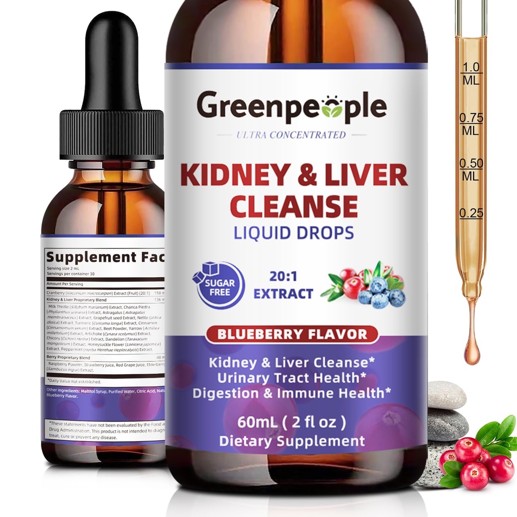 GREENPEOPLE Neerude puhastamine Detox & Remont - 27-In-1 Neerude ja maksa tilgad 20: 1 Jõhvikaekstraktiga & Chanca Piedra, alkoholivaba lisand kuseteede ja maksa toetuseks (2 Oz 1 Pack, mustikas)