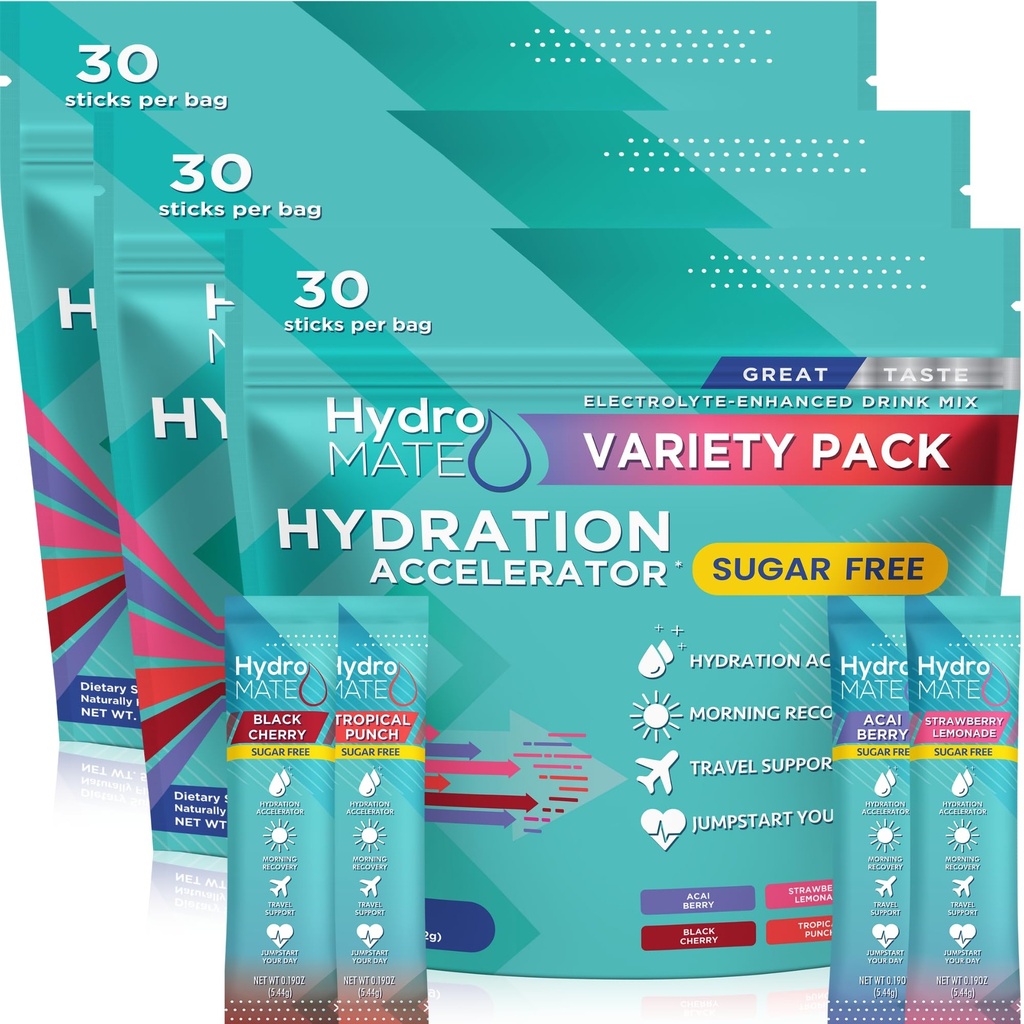 Electrolyte Powder Sugar-Free Hydration Packets Variety Pack HydroMATE 90 Sticks
