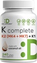 DEAL TÄIENDAV K-vitamiin Täielik - 240 kookosõli softgeelid | kõrge tugevusega K2-vitamiin (MK-7 ja MK-4) & K1 | Täisspektriga kolmekordne K-vitamiin | luu, liigese ja immuunsuse tugi – mitte-GMO