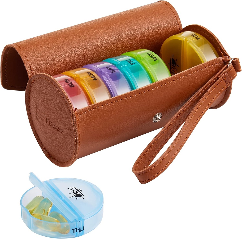 FGcase Weekly Pill Korraldaja 2 korda päevas Suur 7 päeva Vikerkaar Pill Karp pruun PU Nahk Juhtum Kaasaskantav reisiravimite konteiner AM PM Pill Karp vitamiinid, kalaõlid, meditsiin, toidulisandid
