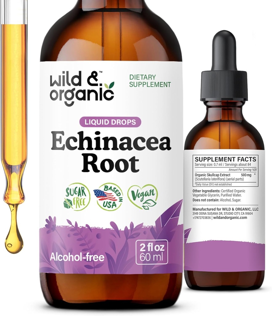Wild & Organic Echinacea Tinktuur - Immuunsüsteemi tugitilgad Vedel Echinacea juureekstraktiga - Angustifolia toidulisandid - Vegan, suhkur ja alkoholivaba - 2 fl oz