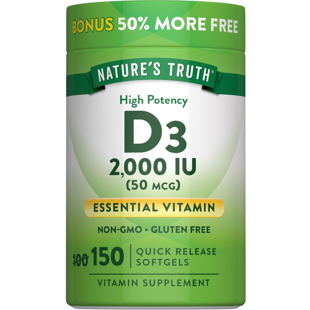 Looduse tõde Vitamiin D3 2000 RÜ Softgels täiskasvanutele | 150 Count | kõrge potentsi | Mitte-GMO ja gluteenivaba toidulisand