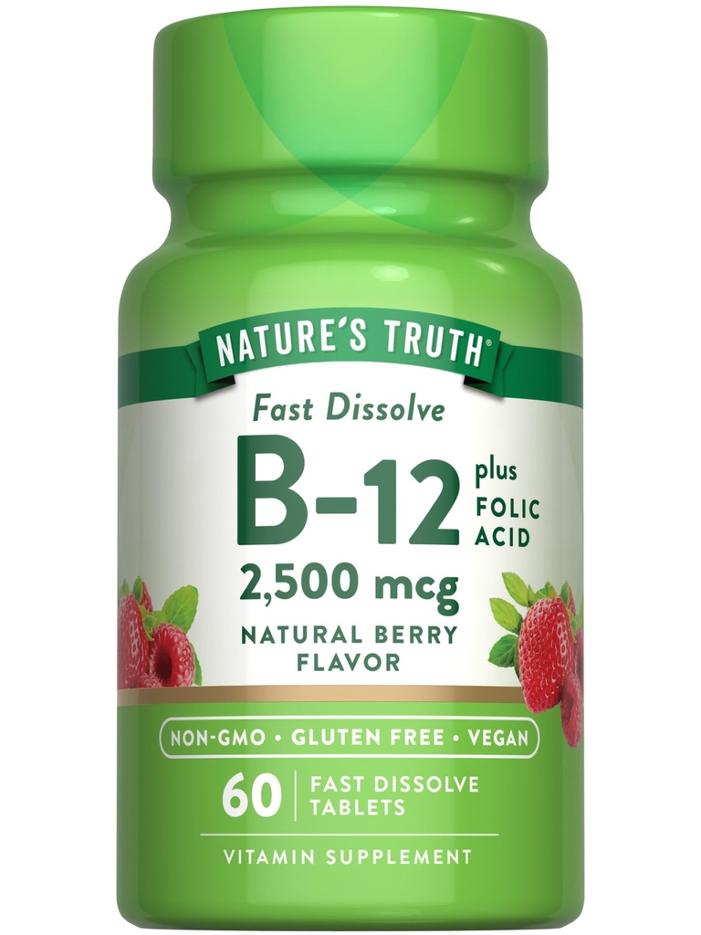 Nature's Truth B12 Vitamiin | 60 kiiret lahustuvat tabletti | 2500 mcg | foolhappega | Vegan, mitte-GMO ja gluteenivaba