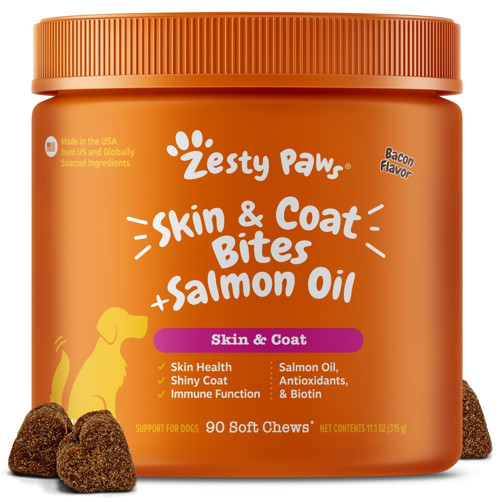 Zesty Paws Omega 3 Kalaõli koertele - Zesty Paw Dog Vitamiinid ja toidulisandid puusa, liigese ja naha jaoks, peekon (90 närimist)