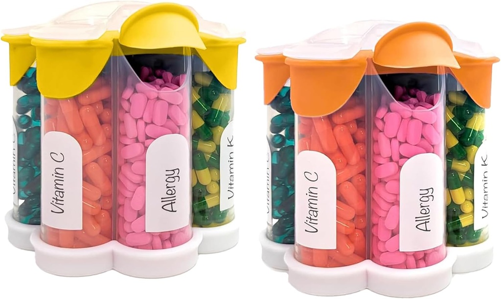 Ekstra suur pillide korraldaja Iga päev, iganädalane, igakuine täiendus pudel, armas õis Pill Dispenser 7 XL komplektiga (2 Pack Combo) (oranž ja kollane)