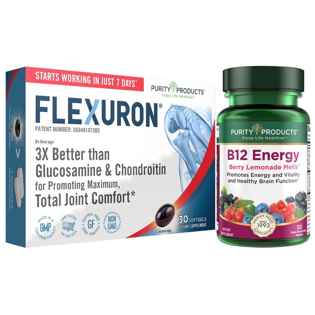 Puhtus Tooted Flexuron Liigese valem + B-12 Energia sulam Flexuron (Krillõli, madala molekulmassiga hüaluroonhape, astaksantiin) - B12 energiasulam (metüülkobalamiin B12, vitamiin D3, biotiin + rohkem)