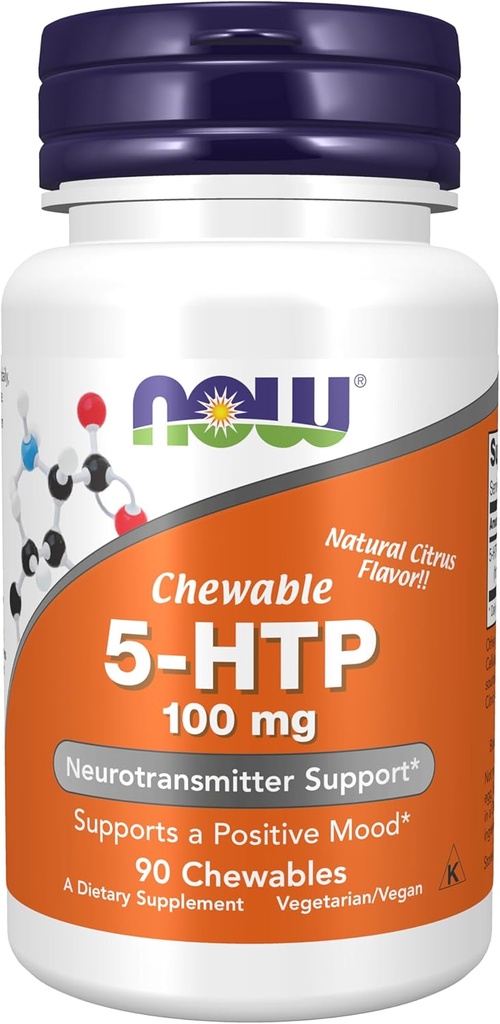 NOW Foods Supplements, 5-HTP (5-hüdroksütrüptofaan) 100 mg, neurotransmitteri tugi *, 90 närimistables