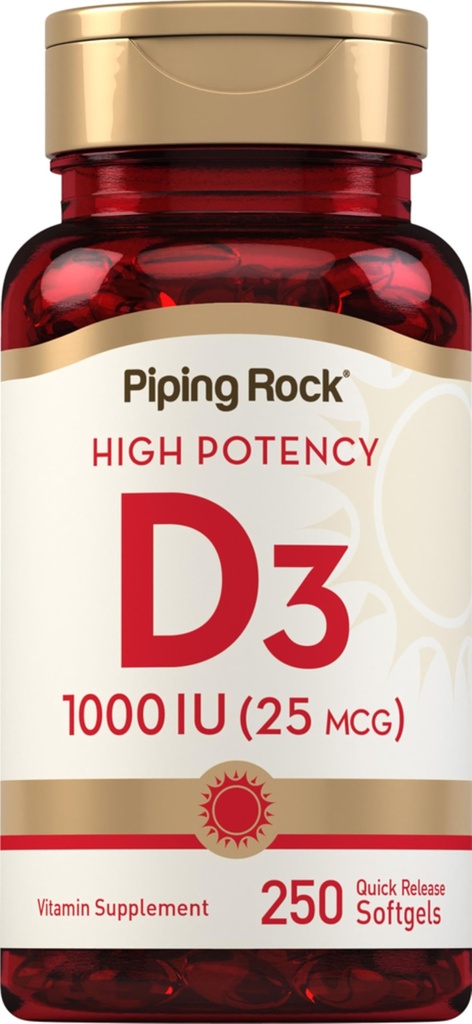 Piping Rock Vitamiin D3 1000 IU | Kõrge potentsi (25 mcg) | 250 Softgels | Mitte-GMO, Gluteenivaba toidulisand