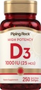Piping Rock Vitamiin D3 1000 IU | Kõrge potentsi (25 mcg) | 250 Softgels | Mitte-GMO, Gluteenivaba toidulisand