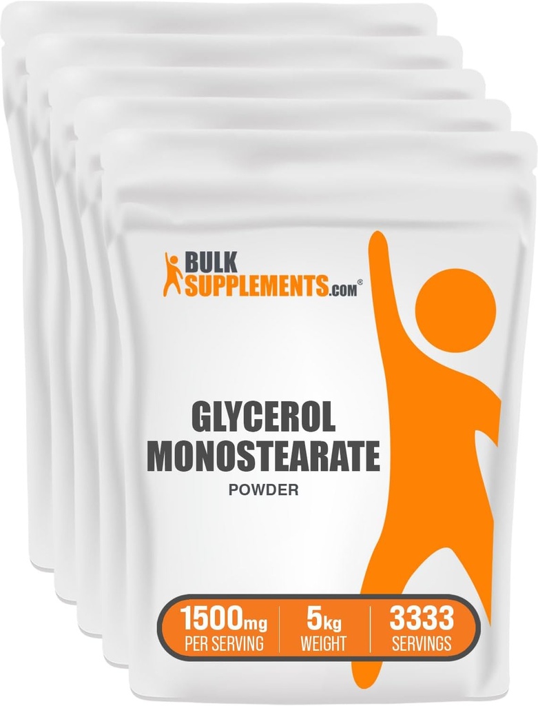 BulkSupplements.com Glütserooli monostearaadi pulber - glütserooli pulber, glütserooli lisand, energiaallikas - toiduklass, gluteenivaba, 1500 mg serveerimise kohta, 5 kg (11 naela) (pakk 5)