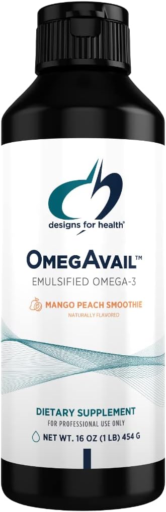 Disainid Health OmegAvail Smoothie - Omega 3 TG Triglütseriid Kalaõli Emulsioon DHA + EPA - Vedel täiendus südame-veresoonkonna + aju tugi, Mango virsiku maitse (43 Servings / 16oz)