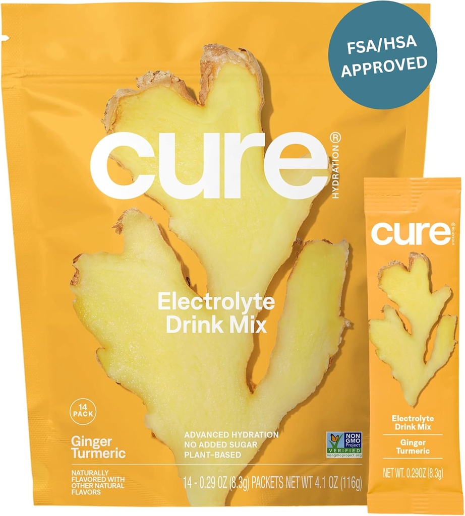Cure Hydration | Plant-Based Electrolyte Drink Mix | No Added Sugar | FSA-HSA | Dehydration Relief Powder Made with Coconut Water | Non-GMO | Vegan | Pouch of 14 Packets - Ginger Turmeric