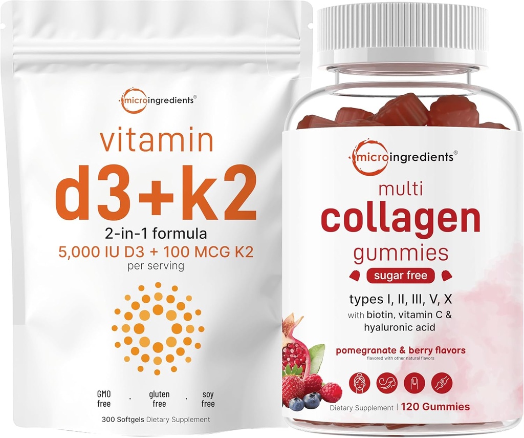 Mikrokoostisosad Vitamiin D3 5000iu + K2 100mcg Softgels & Multi-Kollageeni Peptiidid Gummies Bundle Pack | Essential Sunshine Vitamiinid | Tüüp I, II, III, V,X Proteiin Biotiin, Hüaluroonhape & Vitami