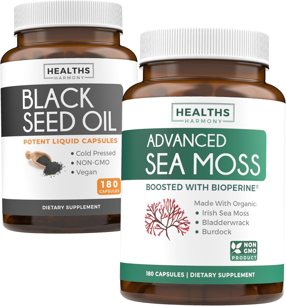 Black Seed Oil & Irish Sea Moss (3-kuuline pakkumine) - Power Duo Bundle of Black Seed Oil (180 kapslit) Külmpressitud Nigella Sativa & Irish Sea Moss (180 kapslit) bioperiini ja põiepõiega