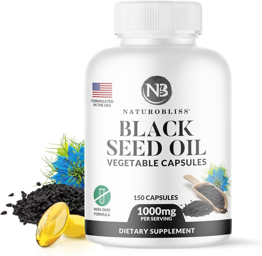 NaturoBliss Black Seed Oil - 150 Softgel Capsules Naha Tervis (Non-GMO & Vegan) Premium Külmpressitud Nigella Sativa Tootmine puhast musta köömne seemneõli - 1000 mg 2 kapsli serveerimiseks - 75 serveerimist