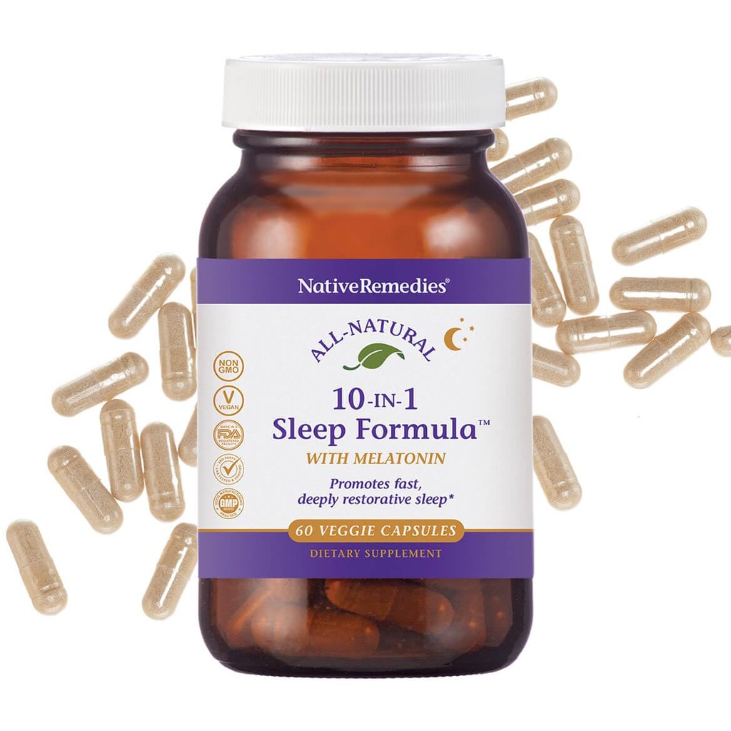 Native Remedies 10-in-1 Natural Sleep Aid täiskasvanutele ja lastele 4+ - Taimne une täiendada melatoniini 5mg, magneesium, Valerian Juur, kummel ja L-trüptofaan - Mitte-Habit Forming, Vegan, 60 kapslit