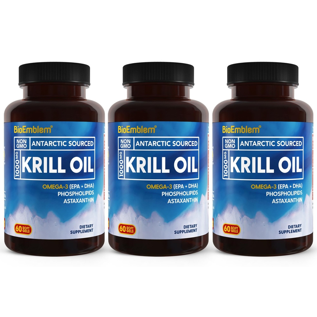 BioEmblem 3 Pack Antarktika krillõli 1000mg Softgels, Omega-3s õli kõrge EPA + DHA, astaksantiin ja fosfolipiidid, toetab aju tervist, 180-Count Non-GMO, Gluteenivaba, 90 päeva pakkumine