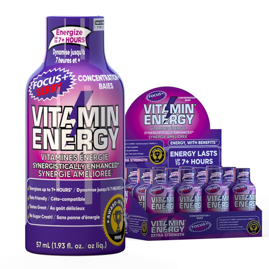 Vitamiinienergia fookus + ekstra tugevus Energia Shot Berry 12 Pack, 260mg looduslik kofeiin, B-vitamiinid, CoQ10, Aminohapped, fookus, tootlikkus ja selgus, nullsuhkur, gluteenivaba, 1,93 fl oz