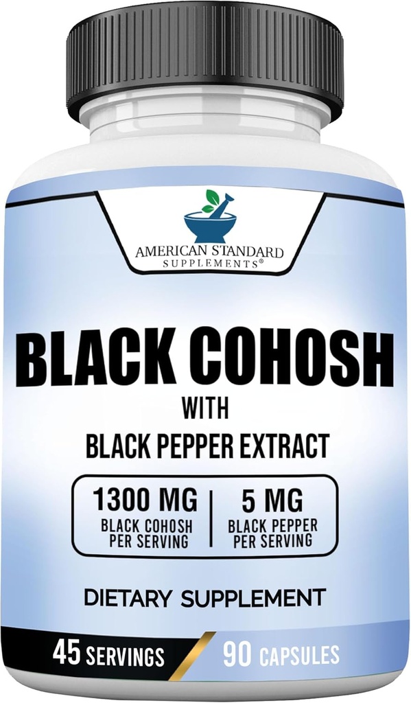 American Standard Supplements Black Cohosh 1300mg Serving Black Pepper Fruit Extract - Vegan, Gluteenivaba, Non-GMO, 90 kapslit, 45 Servings