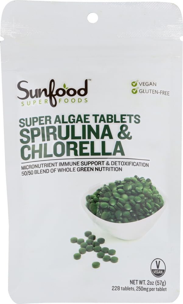 Päikesetoit Chlorella Spirulina tabletid - Spirulina ja Chlorella Pulber pillid, roheline vetikate täiendada rikas klorofüll, Broken Cell Wall, Vegan - 2 oz Bag