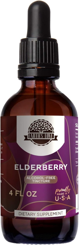 Maa armastus - Elderberry Alkoholivaba taimeekstrakti tinktuur, super-kontsentreeritud leedripuu (Sambucus Nigra) kuivatatud marja (4 Fl Oz)