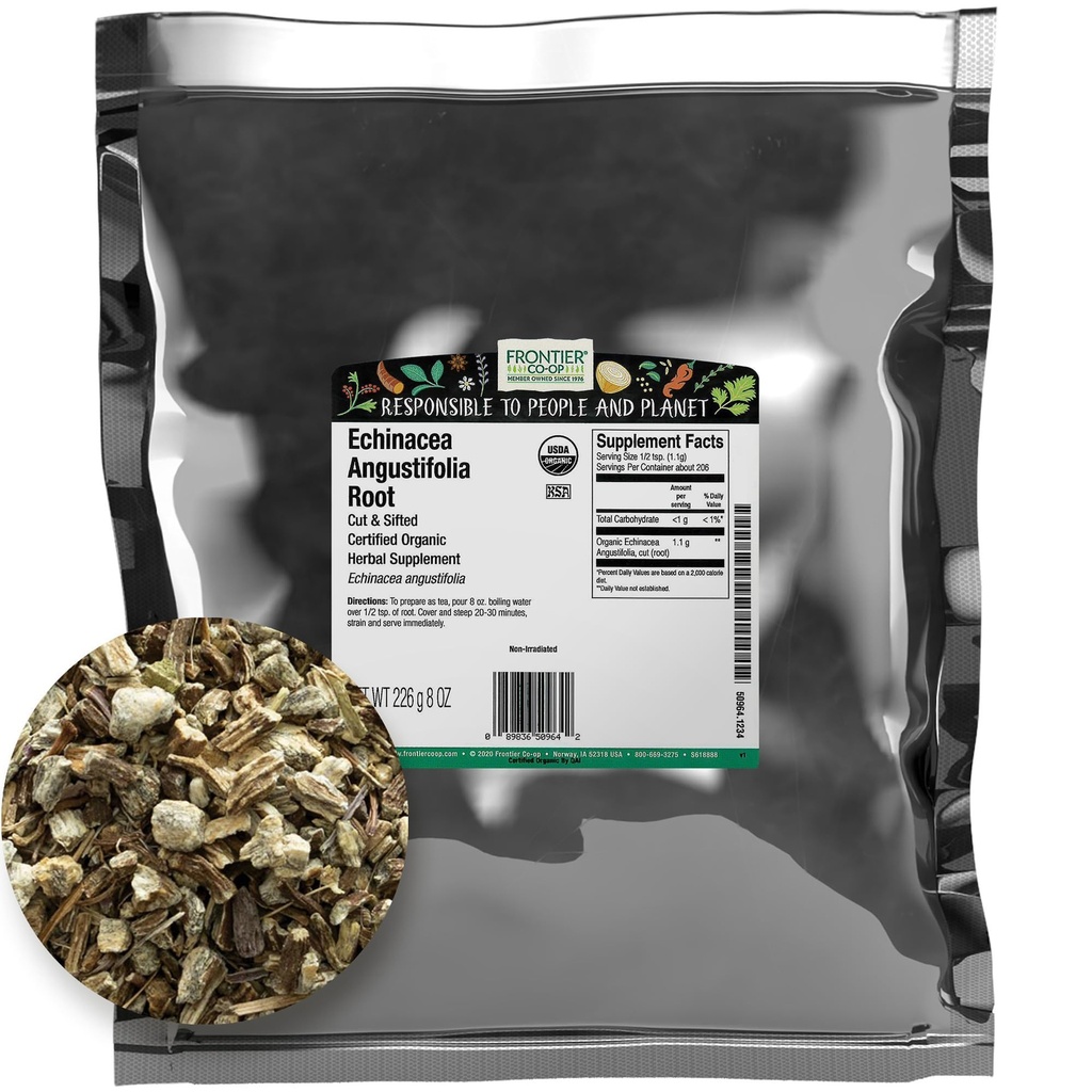 Frontier Co-op Kuivatatud Echinacea Angustifolia Root, Lõigatud ja Sifted, 8oz, Certified Organic Echinacea Root - Ideaalne tee ja taimsete abinõude jaoks, Kosher