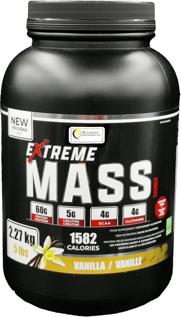 Extreme Mass Gainer Lihaste Ehitaja, 5 naela (2,27 kg) Madal suhkur kõrge kalorid intensiivne treening (Vanilla)