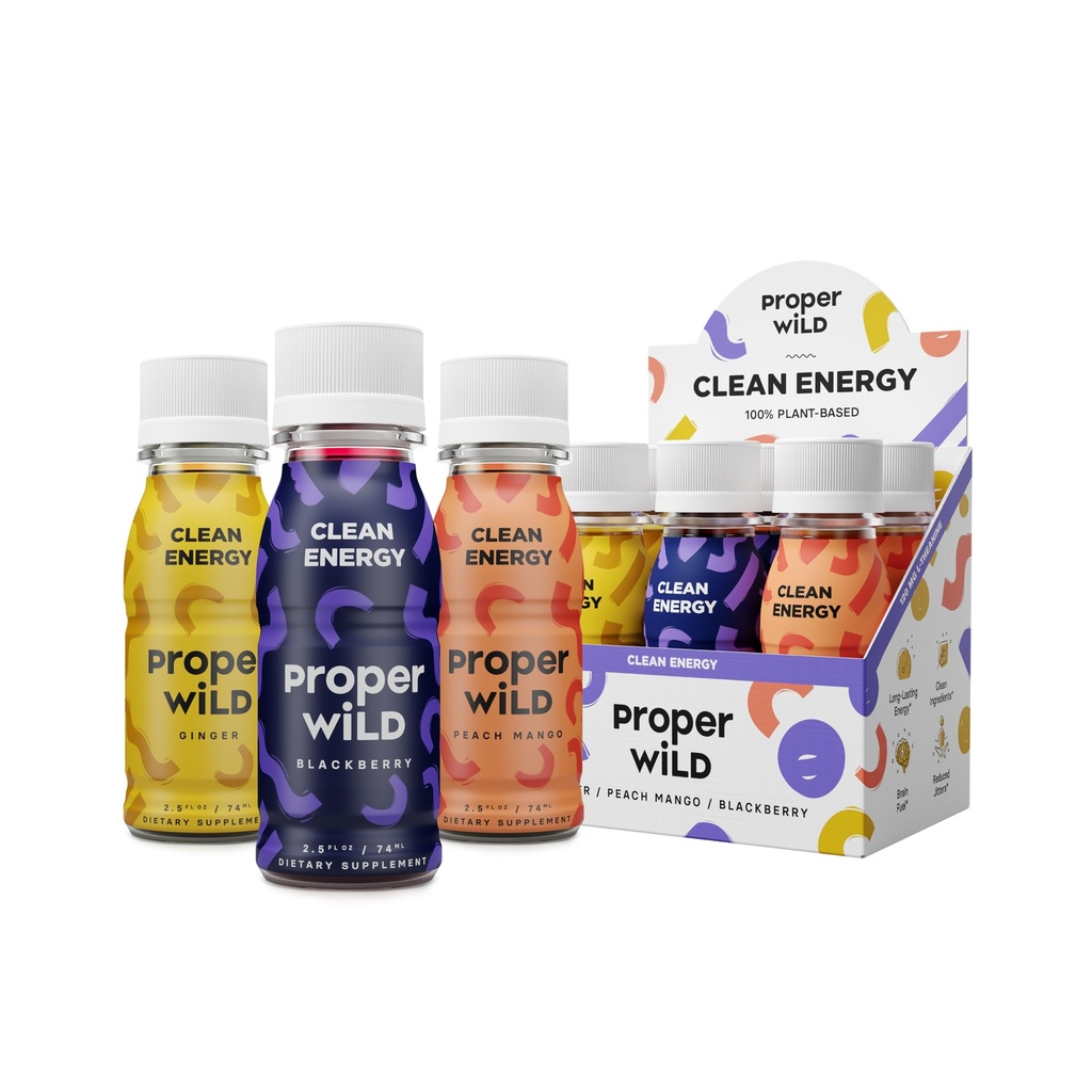 Proper Wild Vegan Energy Shots, with L-Theanine, and Organic Caffeine, Clean Plant Based Energy Drink, Gluten Free, GMO Free, Dairy Free, Stevia Free, Soy Free, Originals Variety, 2.5 Fl Oz, 6 Pack