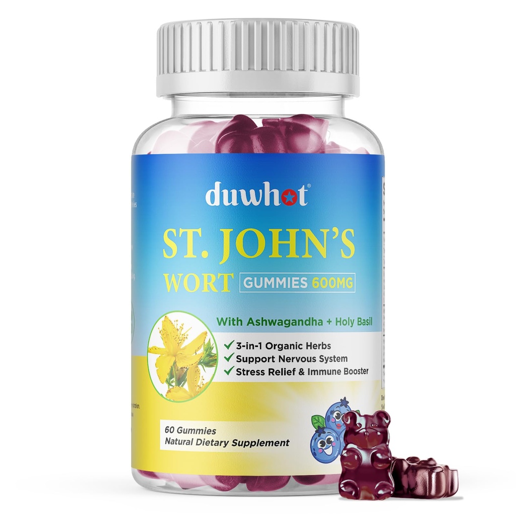 St John's Wort Gummies 600mg, 3 in 1 Orgaanilised taimsed toidulisandid stressi leevendamiseks, närvisüsteemi tugi, koos Ashwagandha & Holy Basil Extract täiskasvanutele ja lastele, Non-GMO, Vegan, 60 ct.