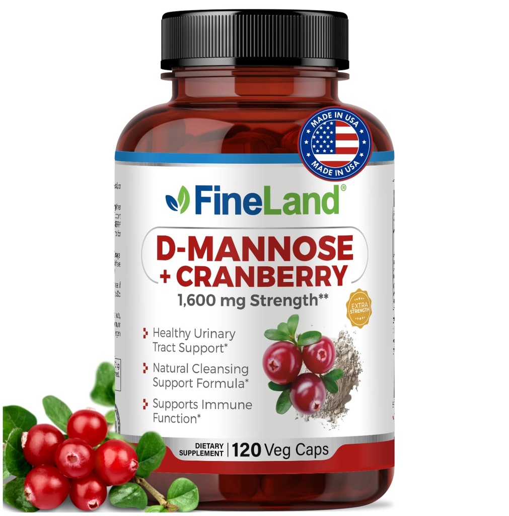 FineLand D-Mannose + Cranberry - 1600mg per Serving - 120 Vegan kapslit - Kuseteede ja põie tervise tugi - Mitte-GMO, Gluteenivaba, valmistatud USA-s